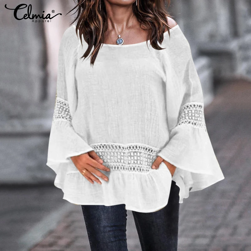 Женские блузки с расклешенными рукавами повседневные свободные кружевные