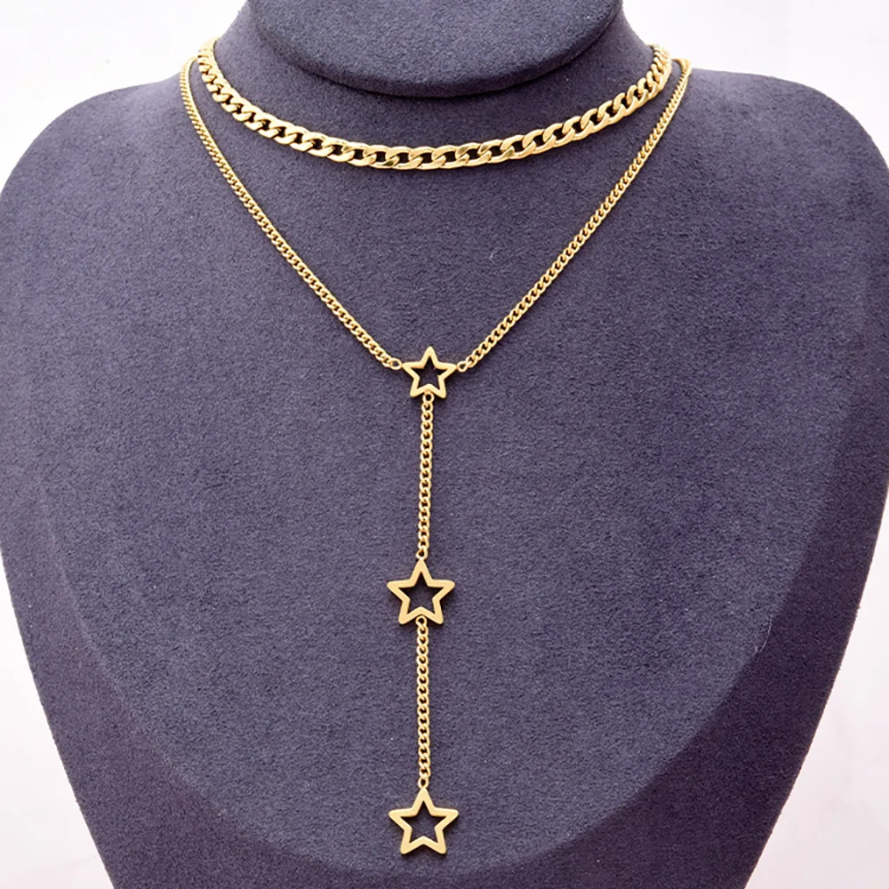FINE4U N751 Dainty Layered Choker Necklaces Handmade Hollow Star Pendant Multilayer Adjustable Layering Whip Chain Necklace | Украшения и