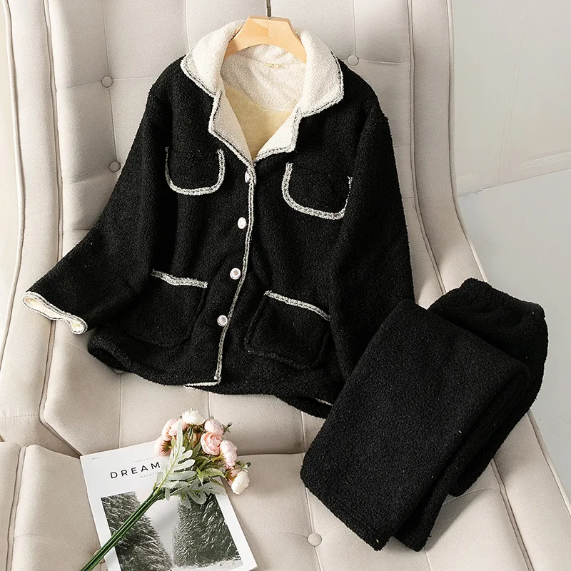 Winter Thick Coral Fleece Outer Wear Warm Suit Homewear Small Fragrance Style Women's Pajamas V-neck Solid Color