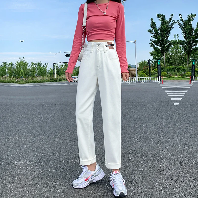 Брюки женские с завышенной талией бежевые укороченные джинсы султанки прямые