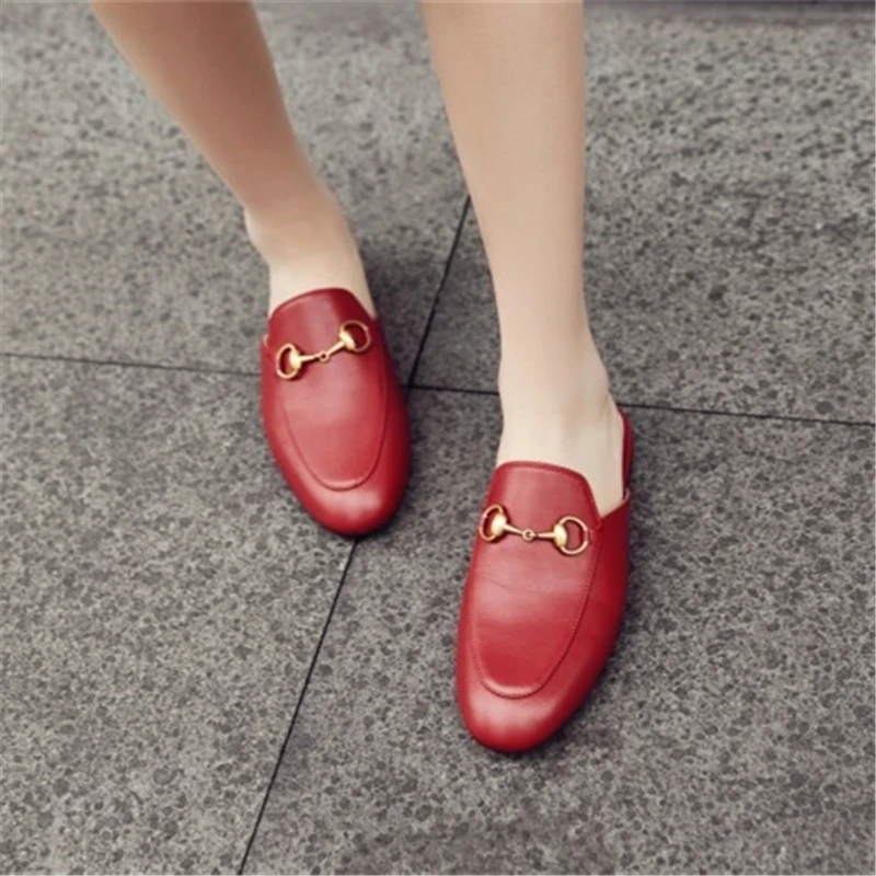 

VERCONAS Classic Mules Woman Sandals Genuine Leather Slippers Metal Decoration Mules Flats Shoes Woman Spring Summer Fashion New