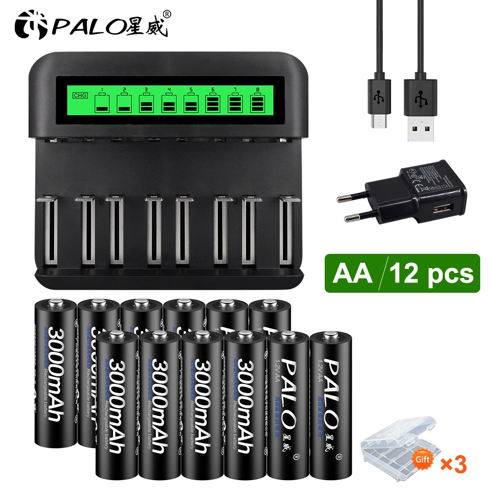 

PALO New 3000mAh 1.2V AA Rechargeable Batteries NI-MH AA Battery + Fast Smart LCD Display Charger USB Charger For Flashlight Toy