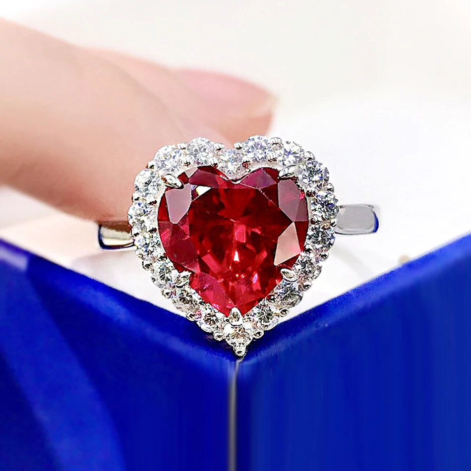 

Romantic Style Heart Ruby Inlaid s925 Sterling Silver High Carbon Diamond Ring For Women's Engagement Party Luxury Jewelry Gifts