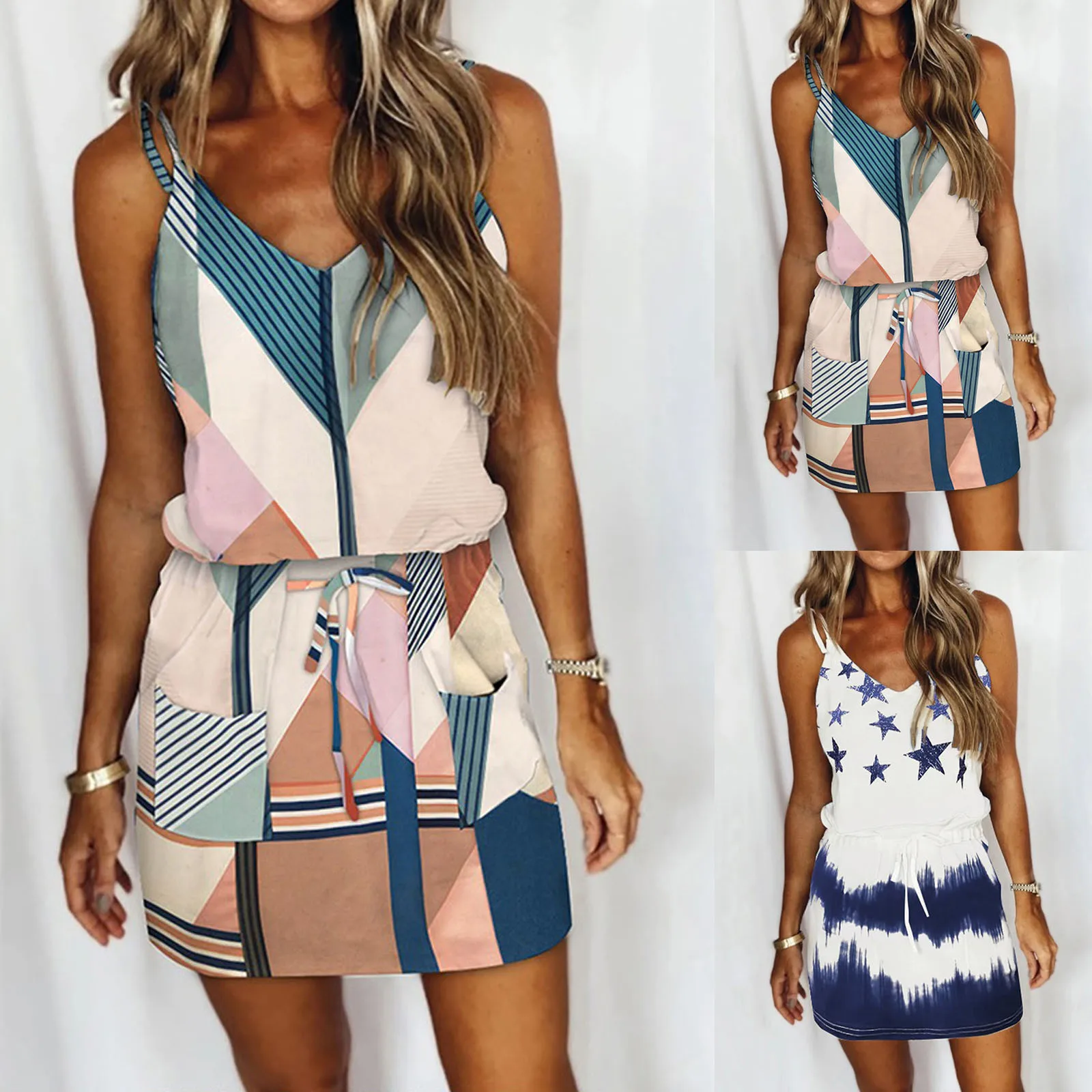 Женское платье на бретелях с V-образным вырезом и коротким рукавом открытой