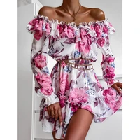 women off shoulder ruffles flower print dress autumn long sleeve chiffon elegant party dress female beach holiday vestidos 2021