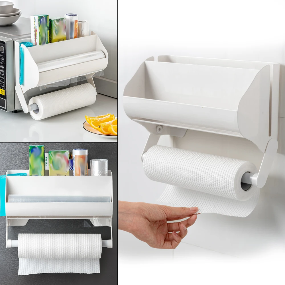

Kitchen Sauce Bottle Rack Plastic Wrap Shelf Mutifunction Wall Mounted Cling Film Cutting Holder Paper Towel Holder Organizer