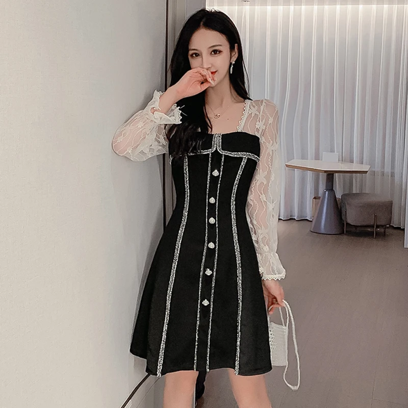 Корейский стиль кружевное лоскутное осеннее платье женское тонкое офисное с