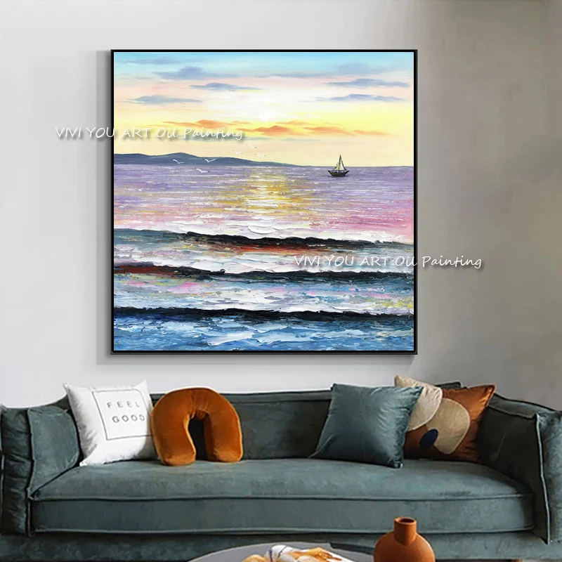 Картина маслом на холсте с изображением заката морского судна ручная роспись