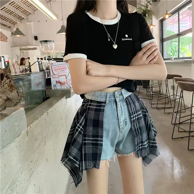 

Plaid Stitching Denim Shorts Women'S Fashion Retro Loose Denim Shorts Woman High Waist Slimming Straight Wide Leg Pantss Women