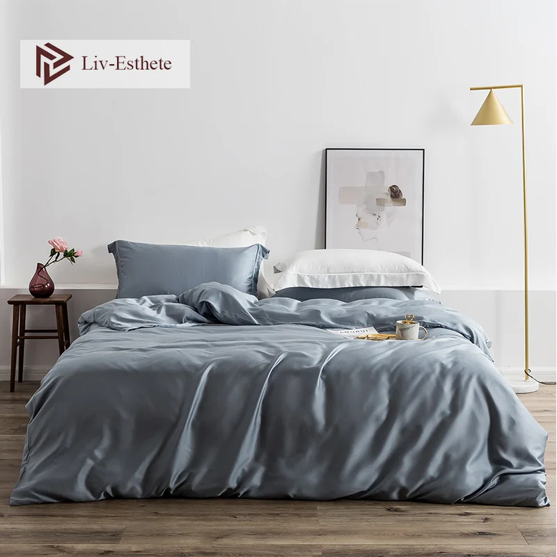 

Liv-Esthete Noble Gray 100% Pure Silk Bedding Set Premium Silk Quilt Cover Set Flat Sheet Pillowcace Queen King Fitted Sheet