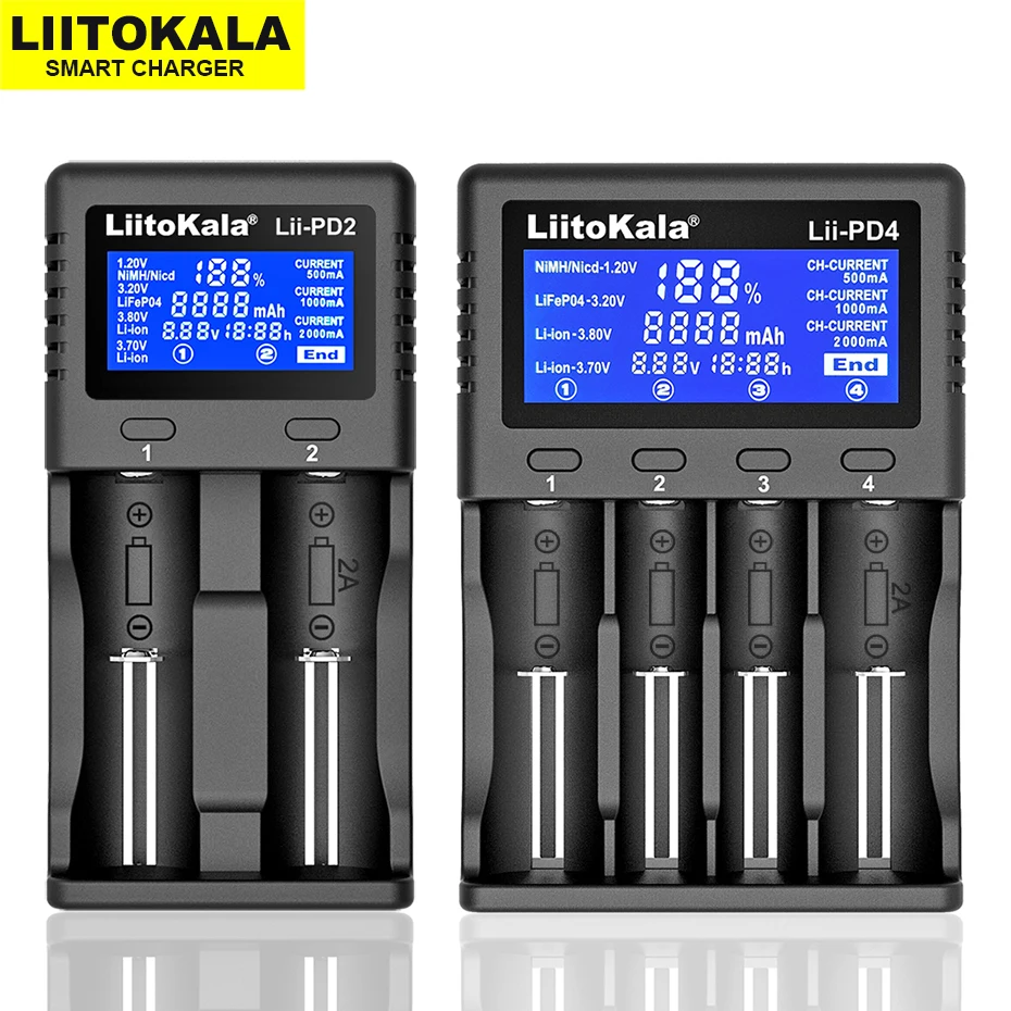 

Liitokala Lii-PD2 PD4 LCD 3.7V / 1.2V / 3.2V / 3.8V NiMH 18650 18350 18500 21700 20700 26650 available Lithium battery charger