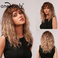 onenonly medium length curly wave ombre brown blonde synthetic wigs with bangs for women cosplay daily hair heat resistant