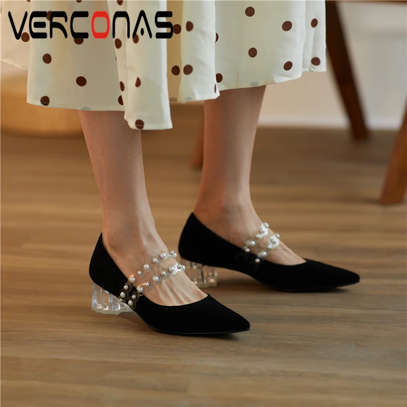 

VERCONAS Autumn Kid Suede Woman Pumps Elegant Retro Pearl Mary Jane Pointed Toe Crystal High Heels Party Office Lady Shoes Woman