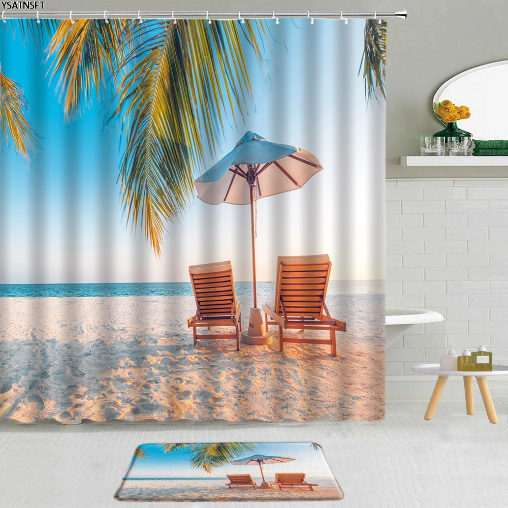 

2Pcs Beach Ocean Seascape Shower Curtain Shell Starfish Trestle Heart-Shaped Cave Scenery Bathroom Non-Slip Carpet Bath Mat Set