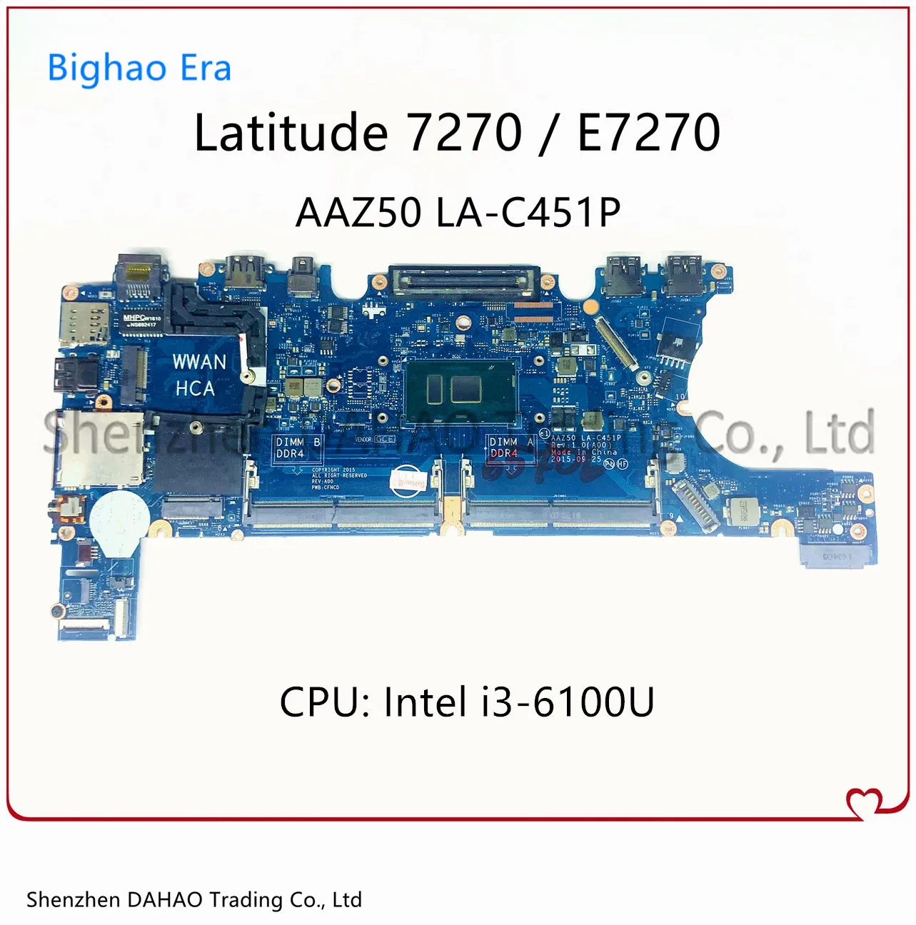 

CN-0YKJ5K 0YKJ5K YKJ5K For Dell Latitude 7270 E7270 Laptop Motherboard AAZ50 LA-C451P Mainboard With SR2EU I3-6100U Fully Tested