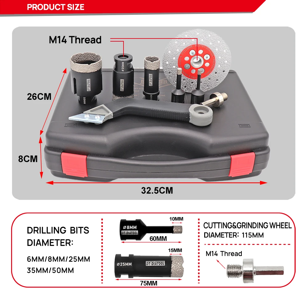 DT-DIATOOL 1set boxed Diamond Drill Core Bits Double Cutting Grinding Discs set for Porcelain Tile M14 thread Hole Saw Cutter |