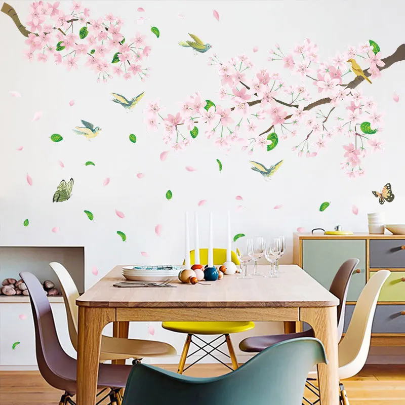 

3D Wallpaper Pink Branches Flower and Bird Wall Stickers Fo'r Living Room Bedroom Study Background Romantic Art Mural 45*60cm