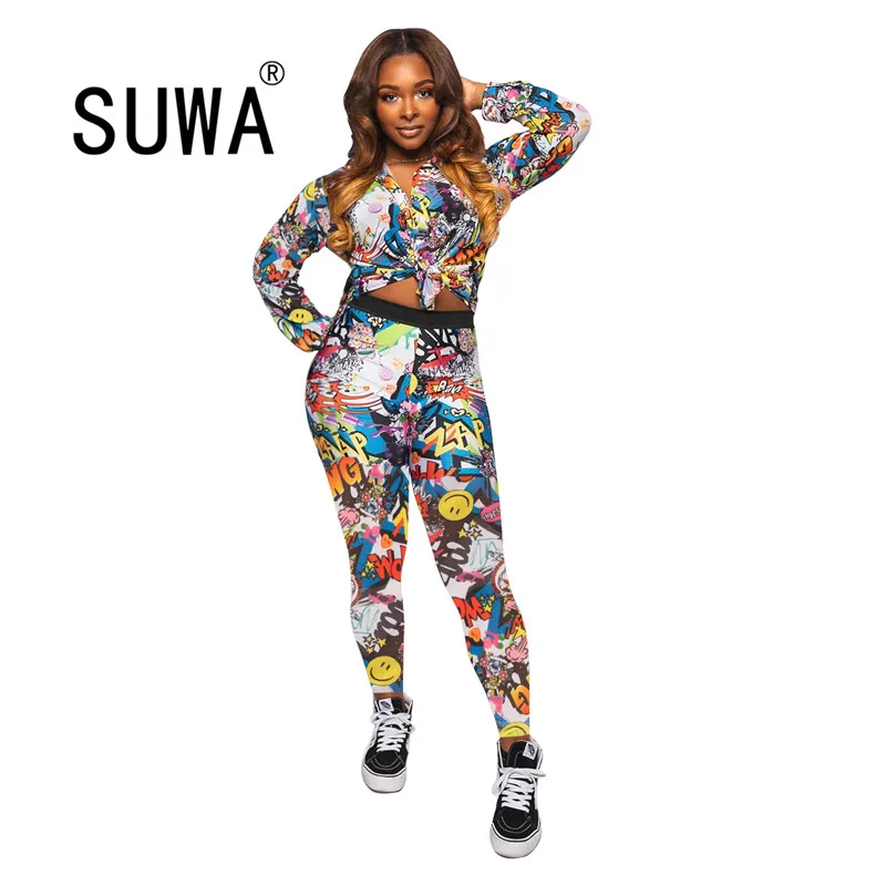 

Contrast Printed High Street Fashion Women 2 Piece Pants Set Long Sleeve Shirt Blouses And High Waist Trousers Hot Sale
