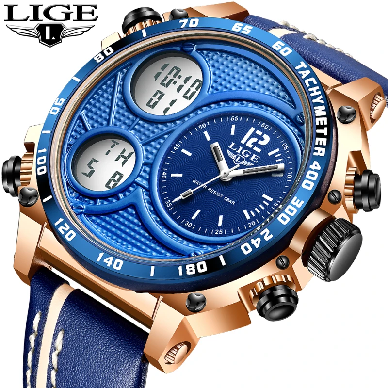 

LIGE Dual Display Watches Mens Fashion Digital Wristwatches Chronograph Alarm Men Clock Waterproof Blue Leather Reloj Hombre