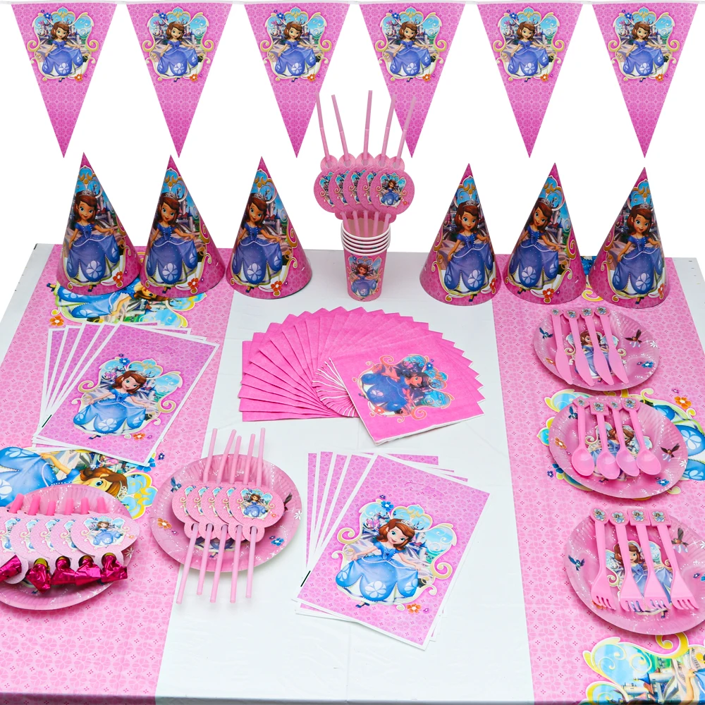 

113Pcs Disney Princess Sofia Birthday Party Disposable Tableware Straws Paper Plates Kids Favor Decoration Baby Shower Supplies