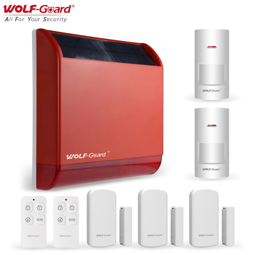 Wolf-Guard Outdoor Solar Siren 110dB Wireless Flashing Anti-Tampering Alarm Integrated Battery Home Security Burglar System Kit