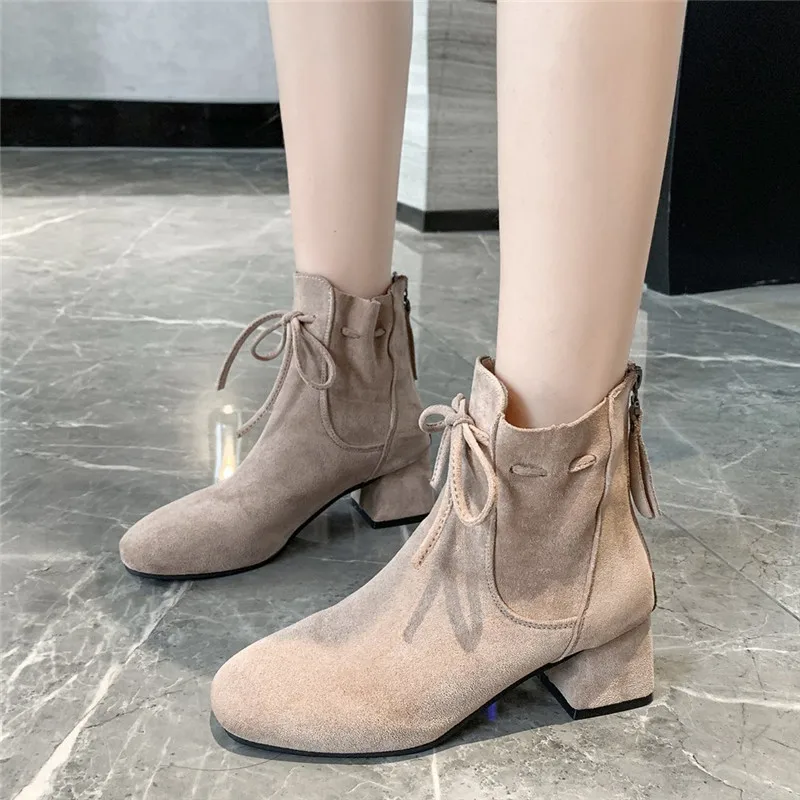 

Women Soft Fabric Flock Boots Suede Ankle Boots Fashion Handmade Classic Lace-up Bowknot All-match Woman Shoes Botas Mujer
