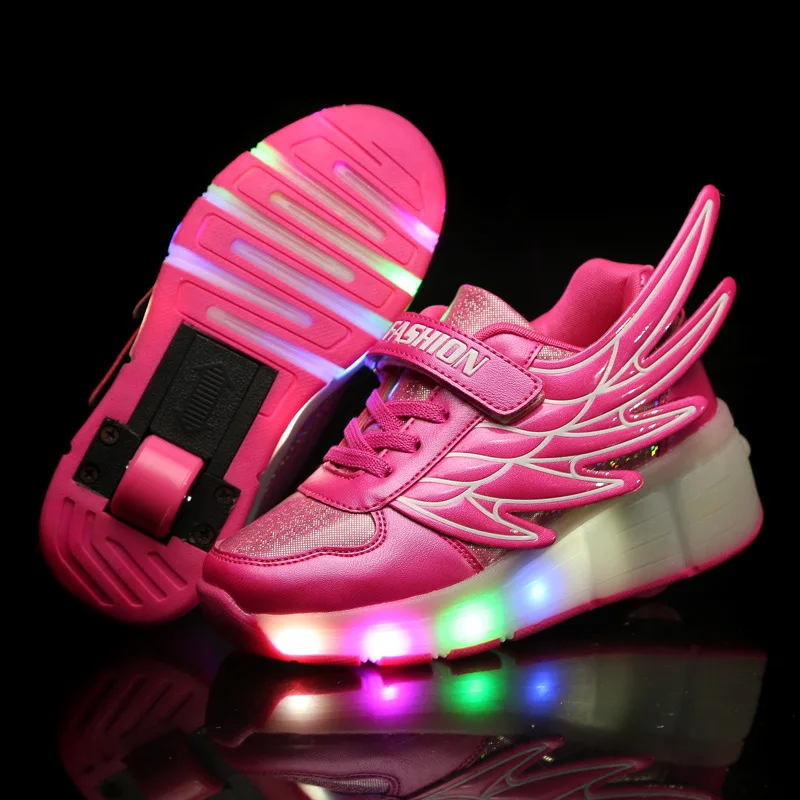 

LED Children Wheel Shoes PU Leather Boys & Girls Shoes With Wing Sport Casual Roller Skates Fashion Kids Sneakers Size 29-40