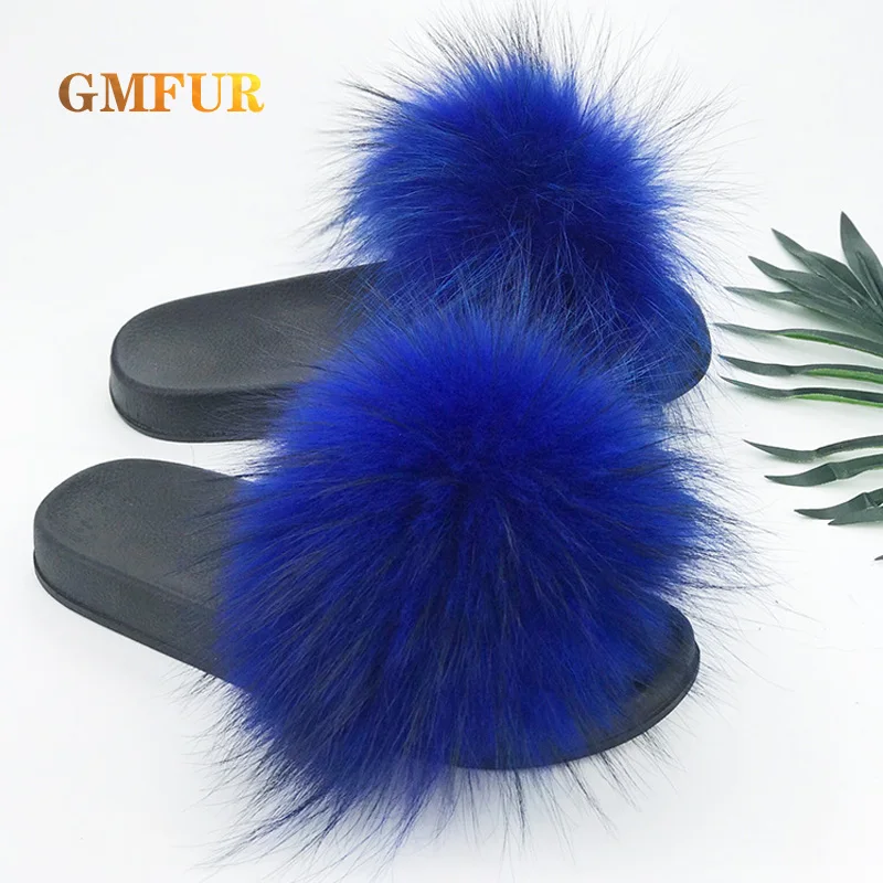 New Style Raccoon Fur Slides For Men And Women Plush Indoor Platform Slippers Outdoor Fuzzy Non-slip Cute Sandals Family Slippe