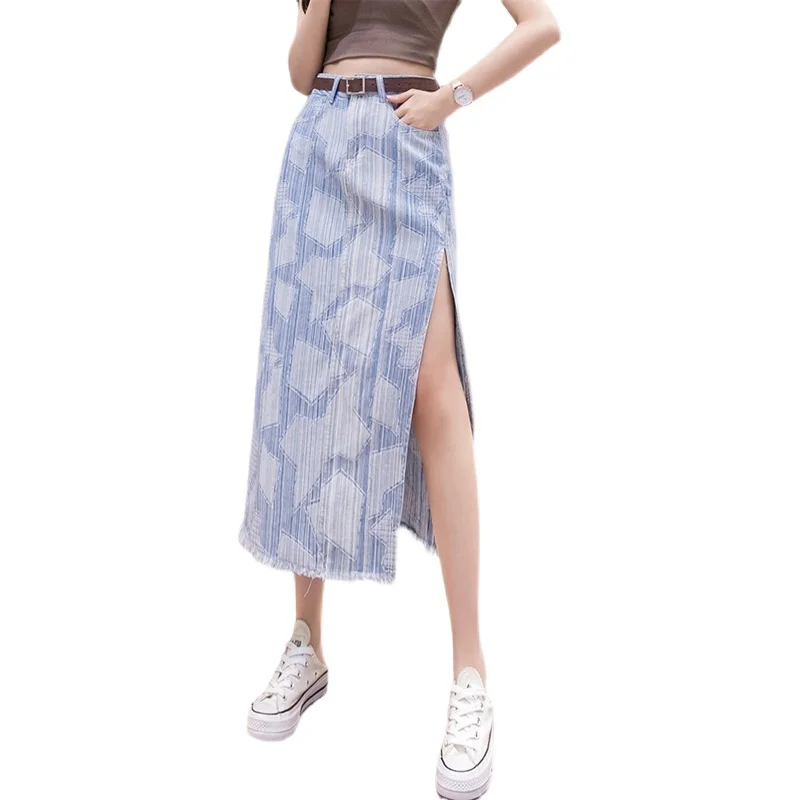 

Slim High Waist Skirt Ladies Asymmetry Button Denim Skirt Girl Summer Streetwear A-line Casual Long Skirt Women