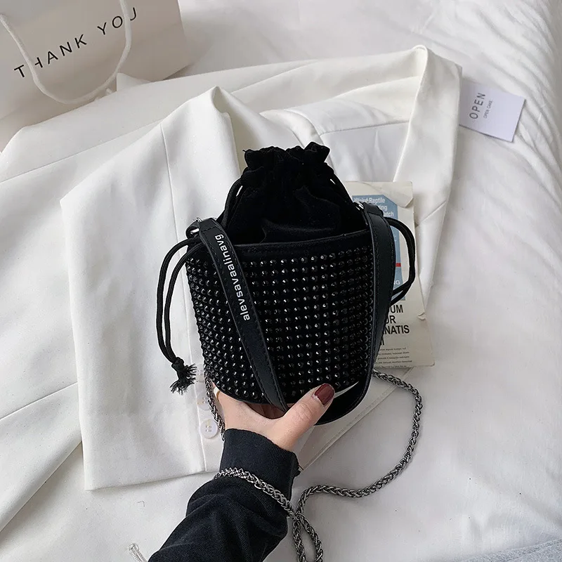 

Textured Women's Small Bags 2021 Summer New Trendy Fashion Rivet Rhinestone Single Shoulder Bag Chain Messenger Bucket Bag