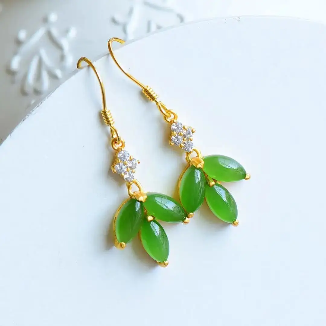 

Antique Eardrops Court Style Earrings Water-Drop Eardrops Retro Chinese Style Natural Hetian Jade Green Jade Earrings Women's St