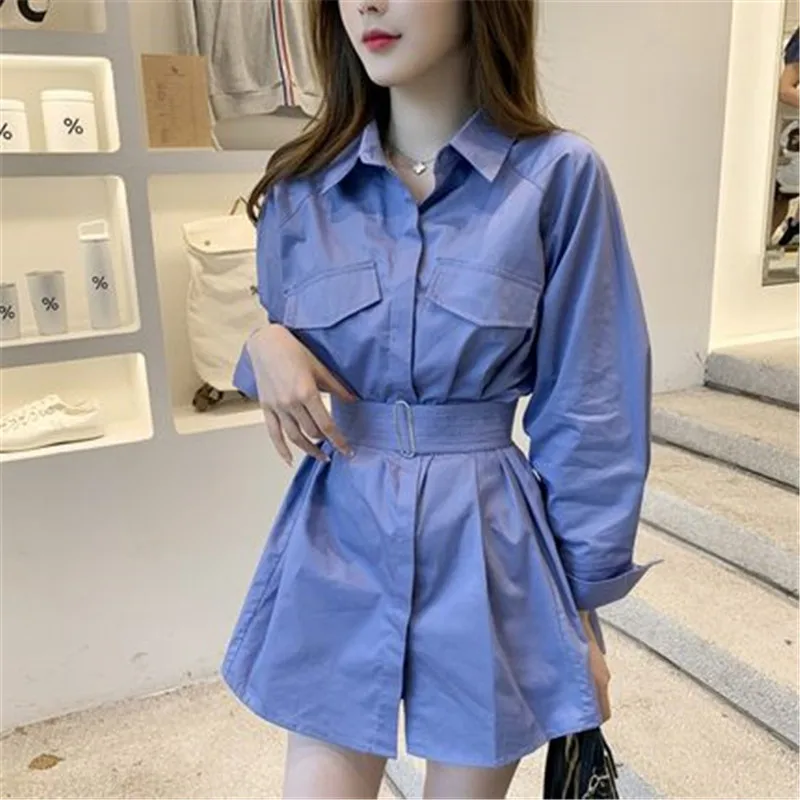 

Elegant Polo Collar Solid Color Blouse Autumn Women Fashion Long Sleeves Shirts Waist Long Tops