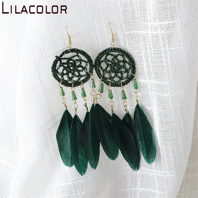 Lilacolor Ловец снов перья Женские Висячие серьги Boho Kahki розовый зеленый для девушек