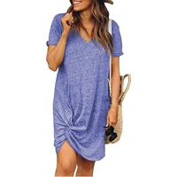 summer fashion ladies trendy round neck short sleeve loose v neck side knotted dress women