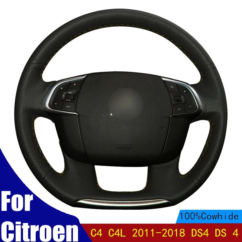 

Car Steering Wheel Cover Black PU Genuine Leather DIY Hand-stitched For Citroen C4 C4L 2011-2018 DS4 DS 4 Braid Four seasons
