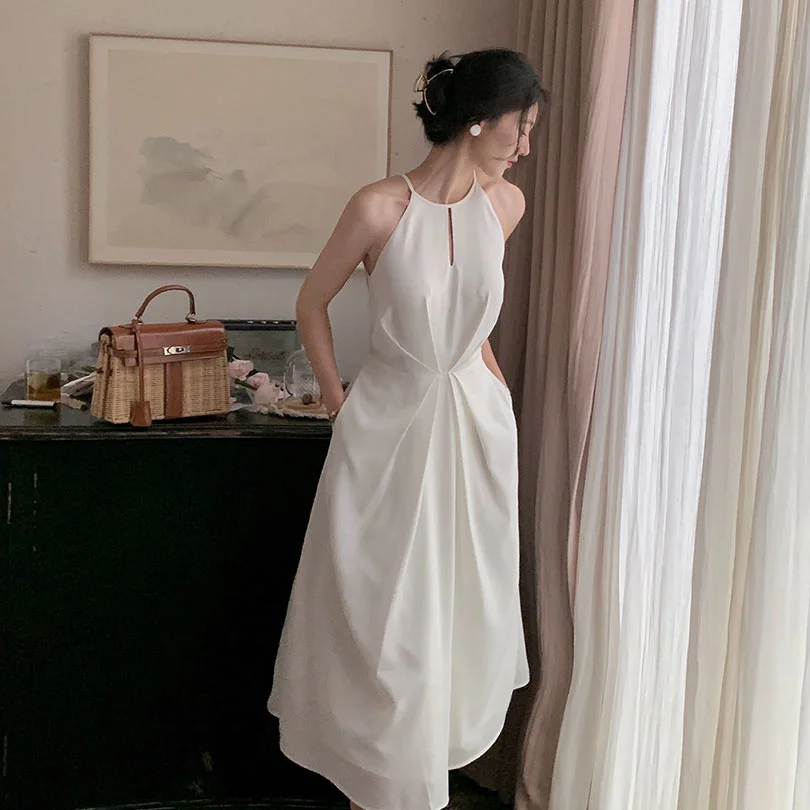 

Summer Elegant White French Style Sleeveless Halter Party Strap Dress Sexy 2021 Female Vestidos