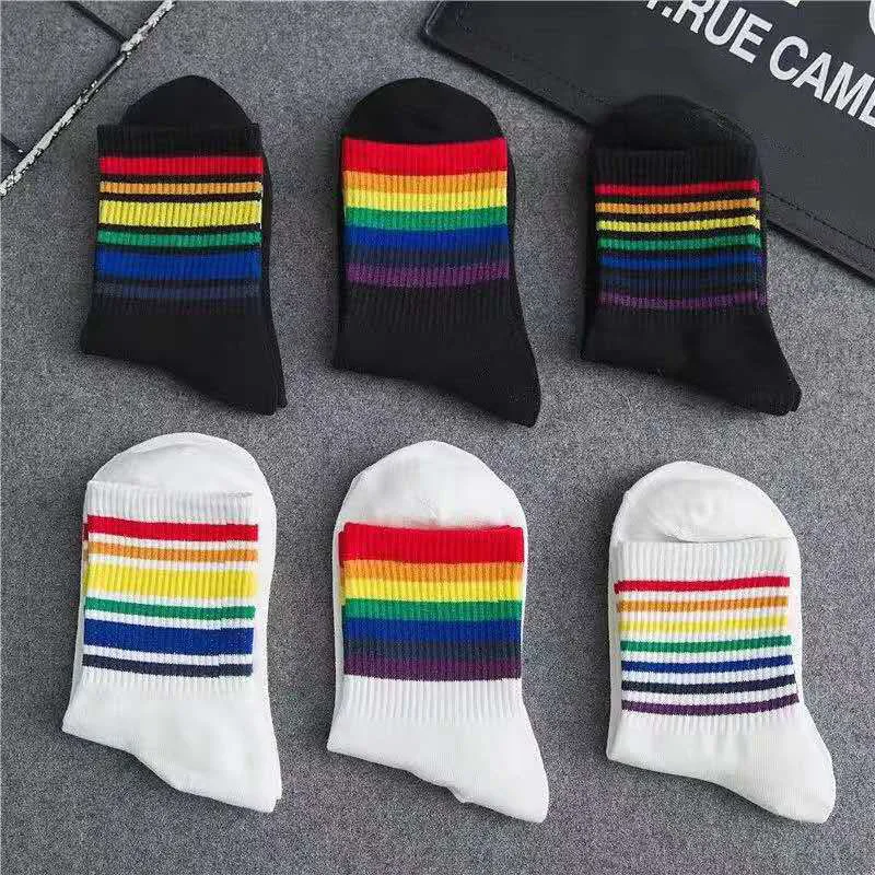 Спортивные носки унисекс хлопковые в радужную полоску модные теплые
