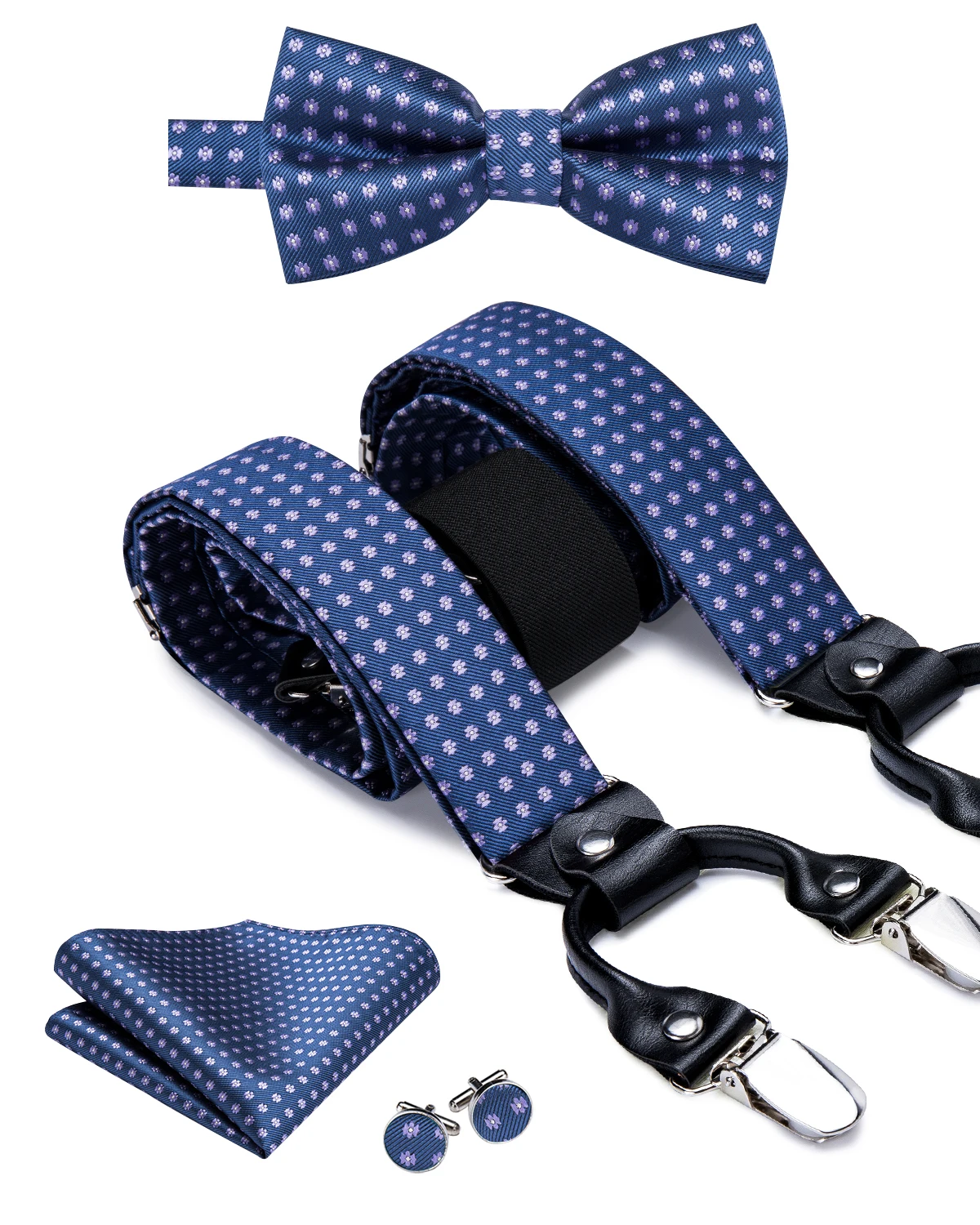 

Hi-Tie Adult Men's Suspender and Bow Tie Set Genuine Leather 6 Clips Braces Vintage Fashion Blue Dots Wedding Suspenders Men