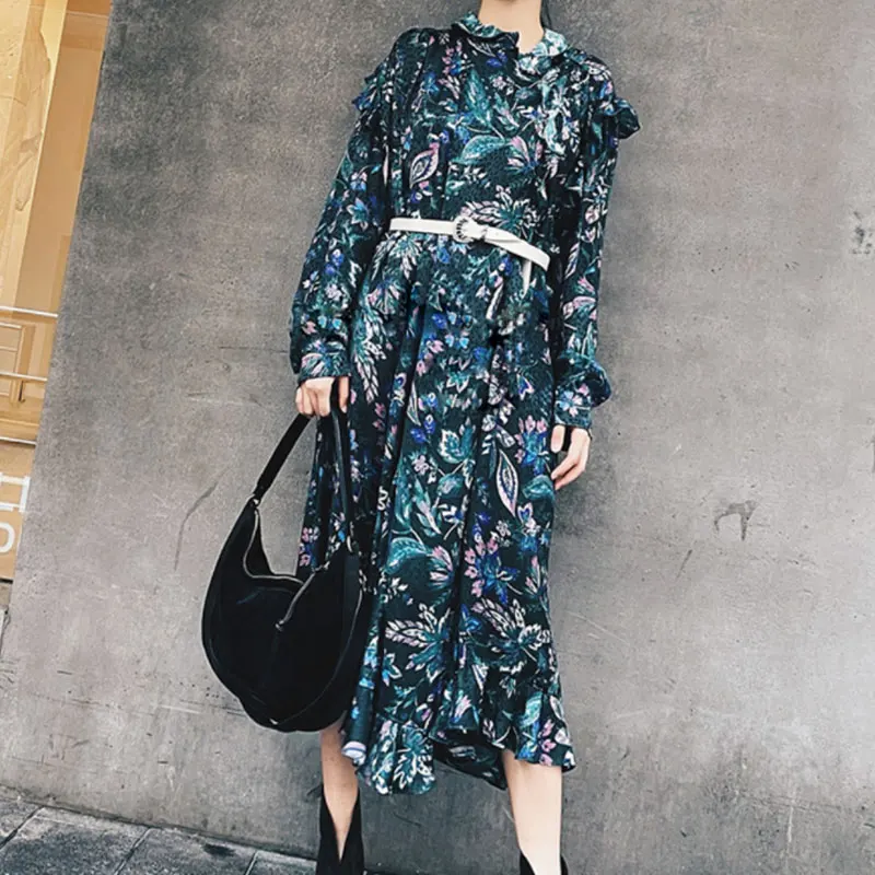 

Женское платье с оборками, винтажное асимметричное платье миди с цветочным принтом и длинным рукавом, Новинка осени 2021