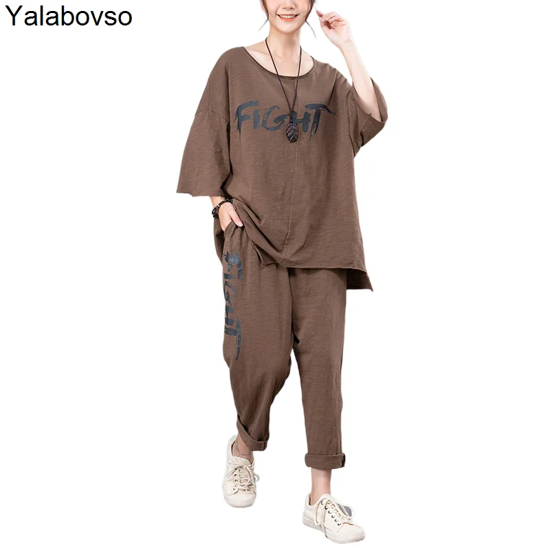 

Women's Outfits Short Sleeve Tees Harem Pants 2021 Summer New Large Size Two Piece Suit Loose Letter Print Fashion Casual Sets