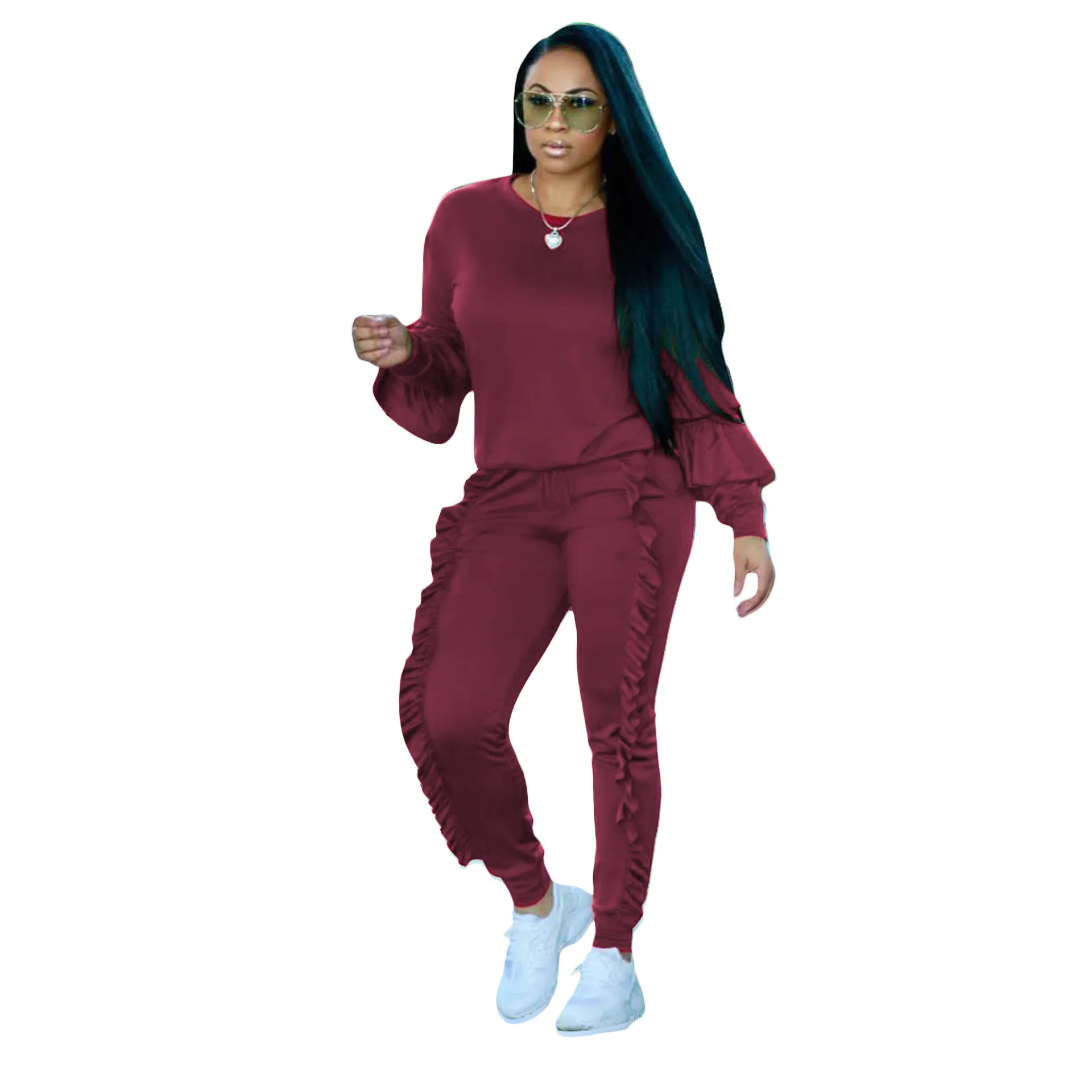 CMYAYA, 8 цветов, S-3XL, осень/зима, Женский комплект, модный, сексуальный, женский, однотонный, пэчворк, костюмы, повседневные, для ночного клуба, вечерние, спортивный костюм S3242 - Цвет: Бургундия