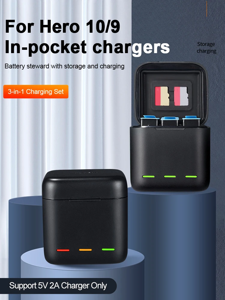 

3-стороннее зарядное устройство для GoPro Hero 10 9, перезаряжаемый умный зарядный футляр, аккумулятор 1750 мАч