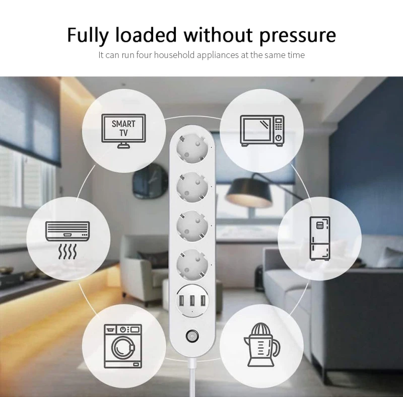 Сетевой фильтр AUBESS Tuya WiFipower Strip европейского стандарта с 4 вилками 3 USB-порта для