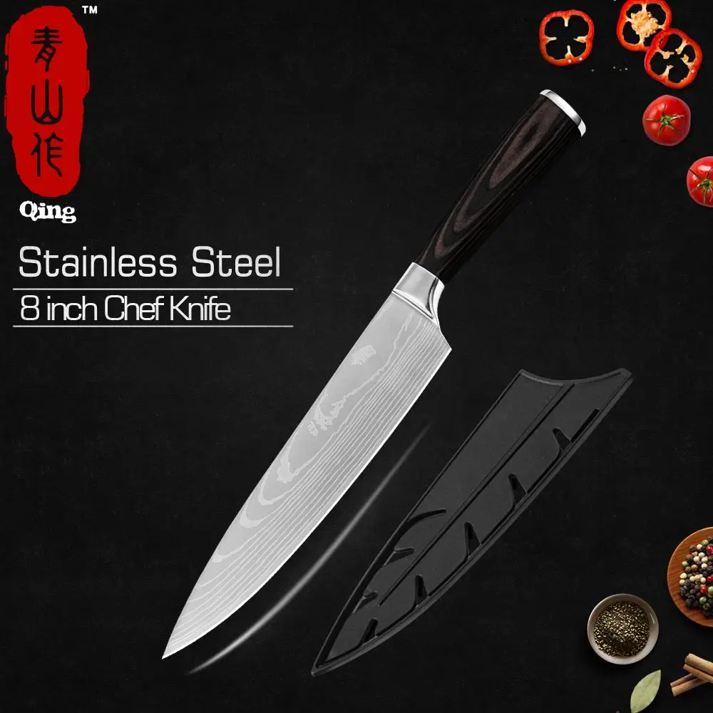 8 inch Chef Knife Qing Laser дамасский нож для нарезки из нержавеющей стали нож для лосося суши рыбы филе Секач шеф-повара кухонные инструменты для приготовления пищи - Цвет: 8 inch Chef Knife