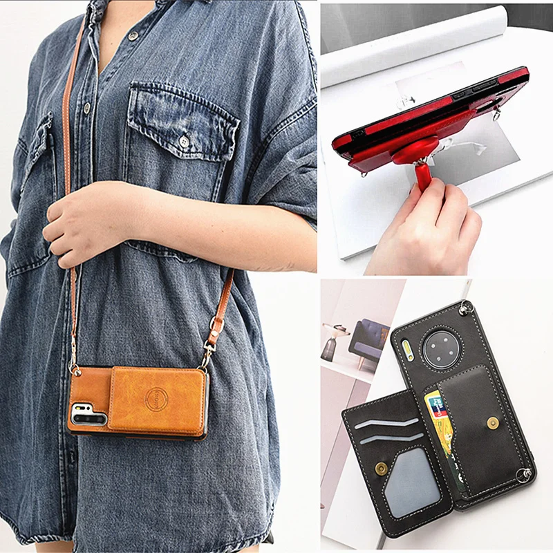 

Leather Crossbody Phone Case For Samsung Galaxy Note10 S10 S20 plus ultra Card Pocket Wallet back shell with Car bracket Cover