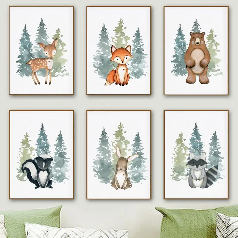 Животные с леса домашний декор холст живопись лиса плакаты оленем и принты милая