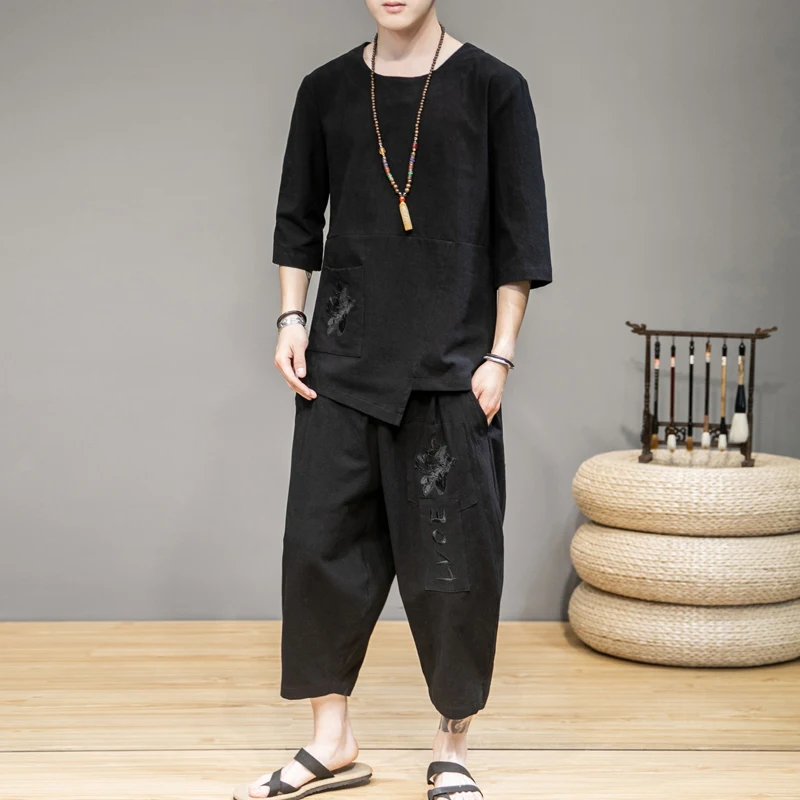 Японское кимоно с вышивкой Мужская одежда брюки футболка коротким рукавом