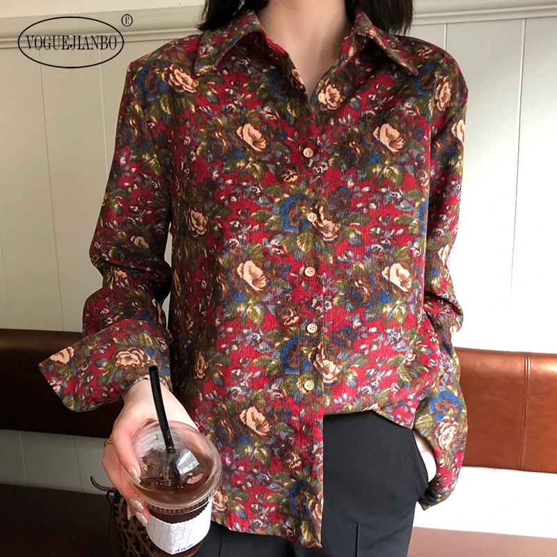 

2020 spring new french retro corduroy loose flower print design niche shirt long sleeve blouse bluzki damskie ropa mujer vintage