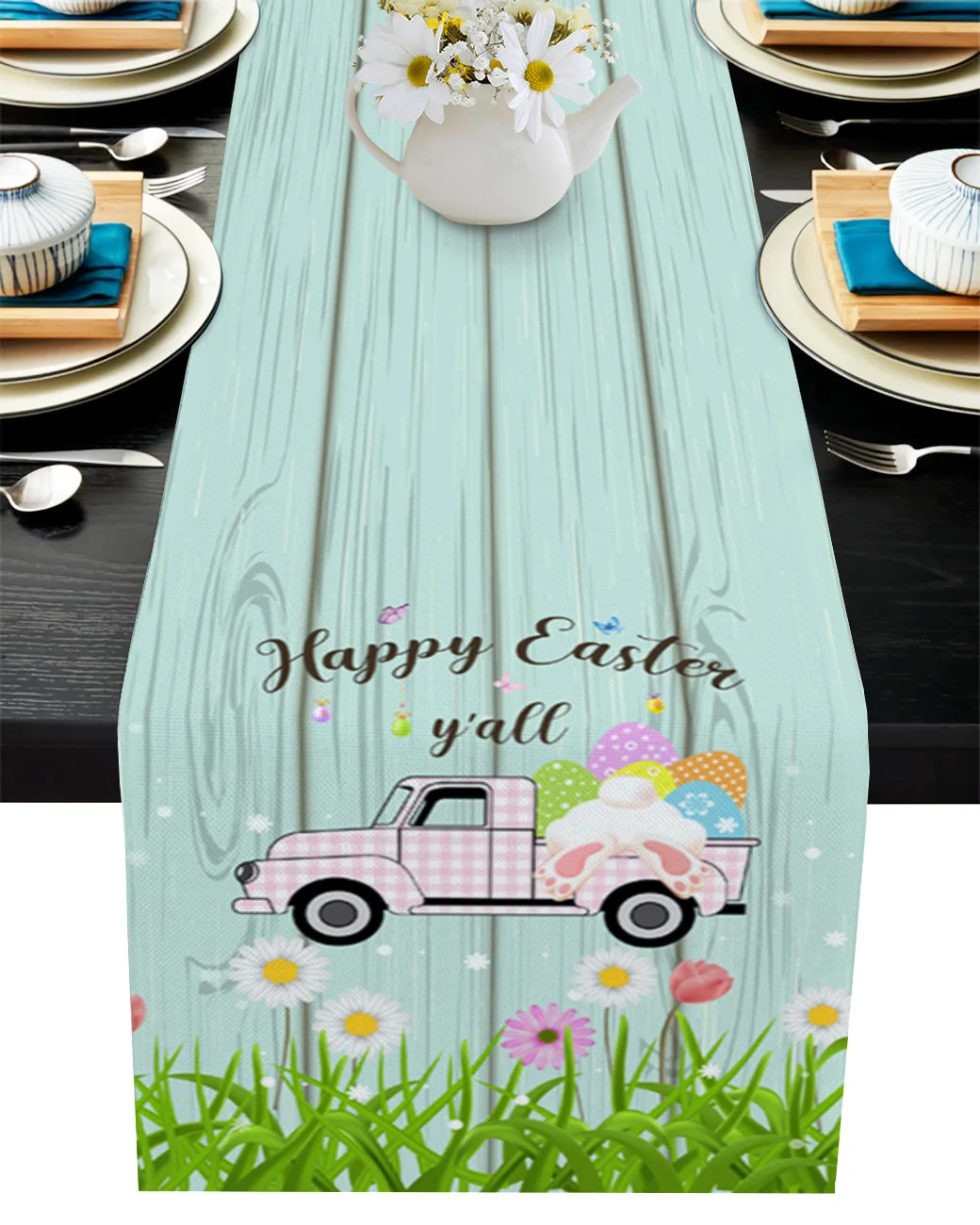 

Easter Egg Bunny Butterfly Flower Truck Table Runner Wedding Table Decoration Home Decor Kitchen Table Runners And Placemats