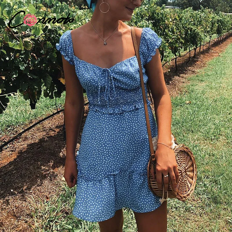 Conmoto Винтажное короткое платье в горошек летнее с высокой талией сексуальное